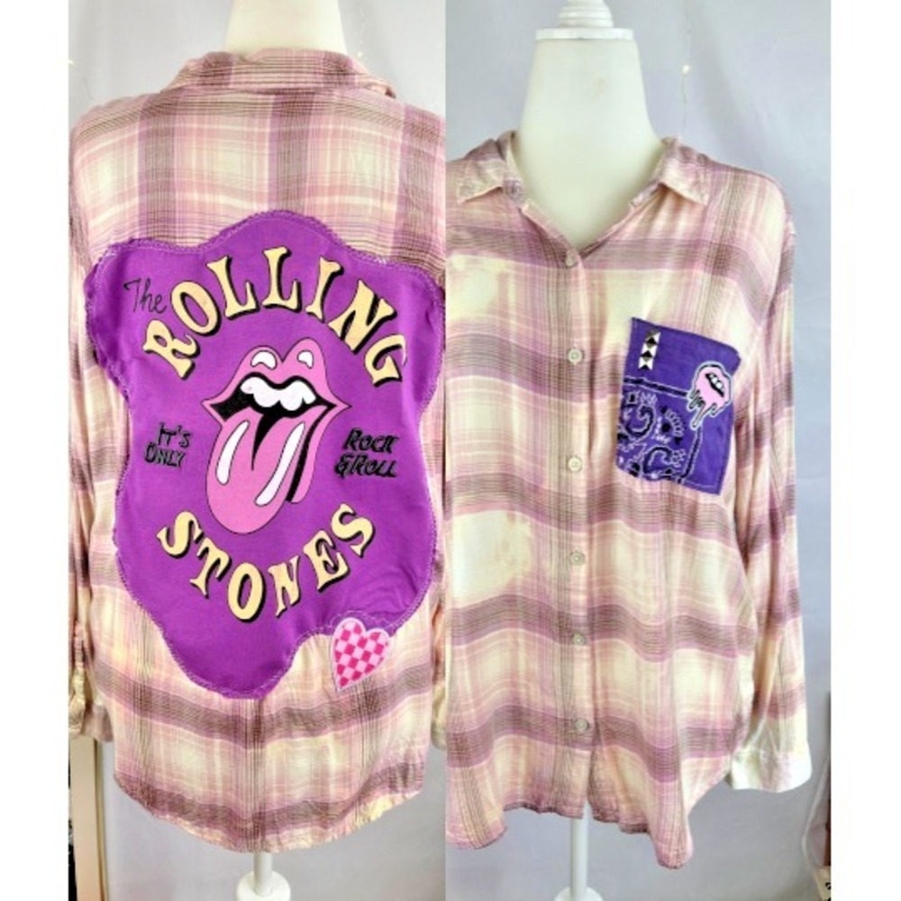 Upcycled Womens XL Pastel Bleach Dye Plaid Button Down Rolling Stones Whimsical